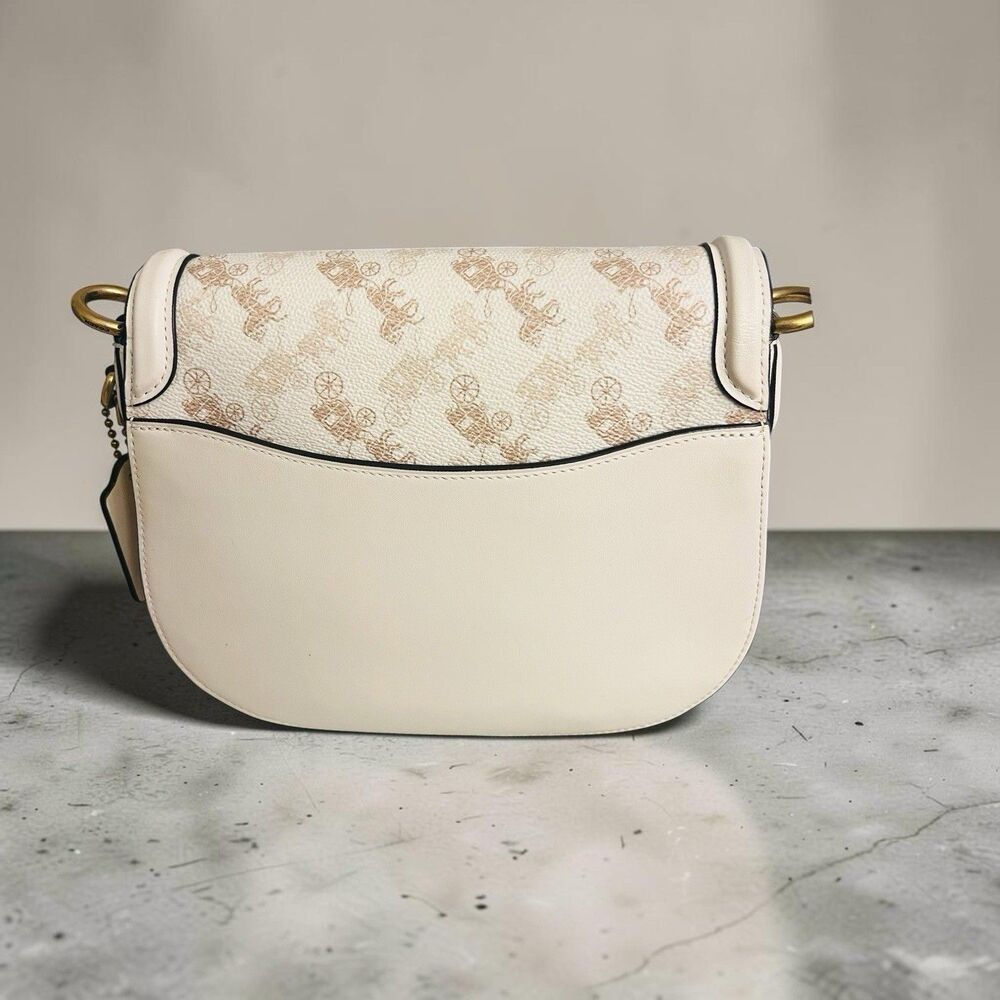 Coach Beat Saddle Bag Chalk Tan Carriage Print Canvas Leather Crossbody - Picture 2 of 7